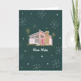 Warm Wishes Midcentury Pink House Christmas Holida Holiday Card