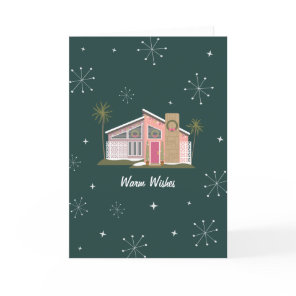 Warm Wishes Midcentury Pink House Christmas Holida Holiday Card