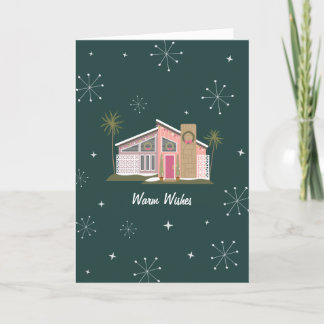 Warm Wishes Midcentury Pink House Christmas Holida Holiday Card
