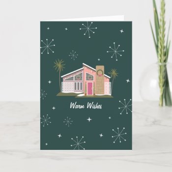 Warm Wishes Midcentury Pink House Christmas Holida Holiday Card by JillsPaperie at Zazzle