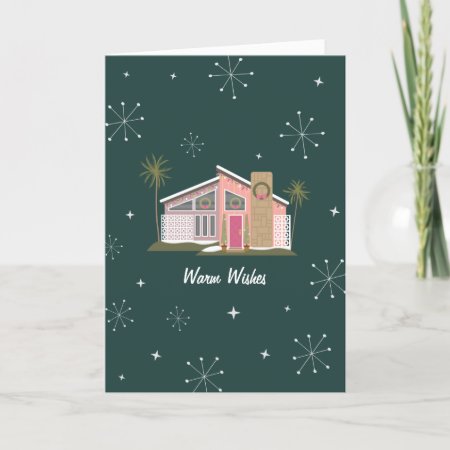 Warm Wishes Midcentury Pink House Christmas Holida Holiday Card
