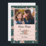 Warm Wishes Midcentury Pink House Christmas Photo Holiday Card<br><div class="desc">Illustration of a pink midcentury modern house decorated with Christmas lights.  Background is pattern with candy canes,  house,  flamingos,  and snowflakes. Personalize with your family photo.</div>
