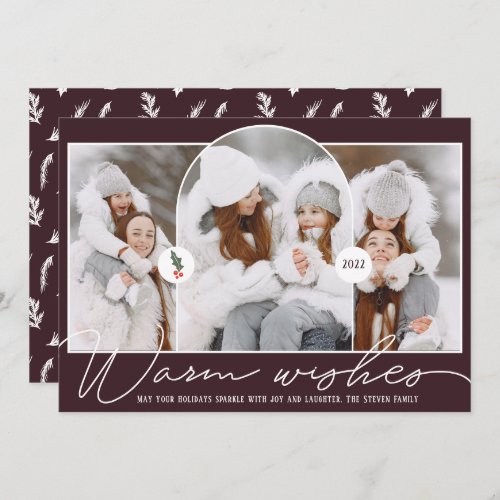 Warm wishes modern arch 3 photos plum white holiday card