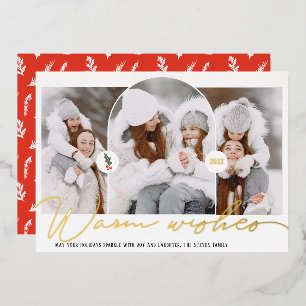 Warm wishes modern arch 3 photos red script foil holiday card