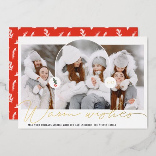 Warm wishes modern arch 3 photos red script foil holiday card