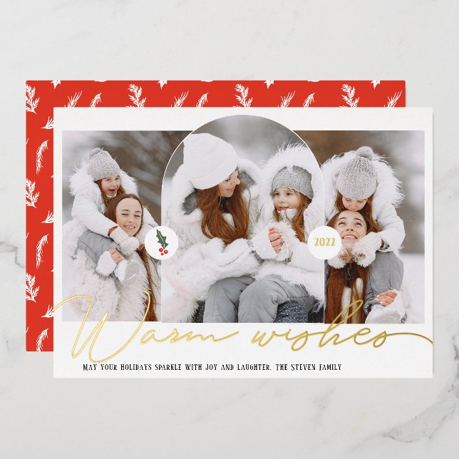 Warm wishes modern arch 3 photos red script foil holiday card (Front/Back)
