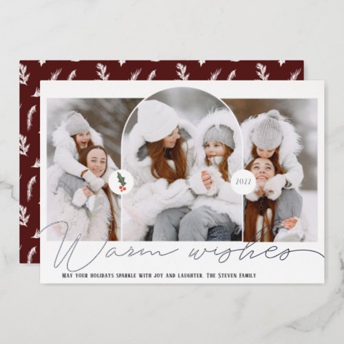 Warm wishes modern arch 3 photos white script foil holiday card