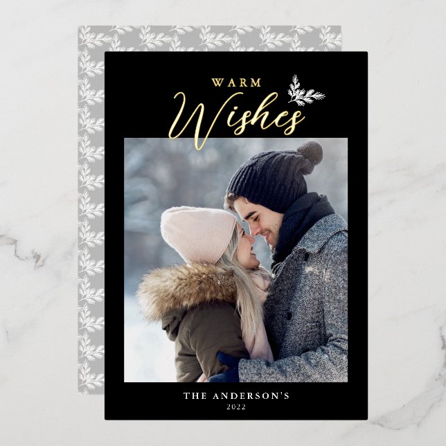 Warm Wishes Modern Calligraphy Photo Black Gold Foil Holiday Card (Front/Back)