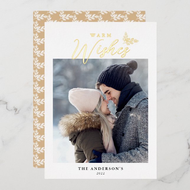 Warm Wishes Modern Calligraphy Photo Gold Foil Holiday Card (Front/Back)