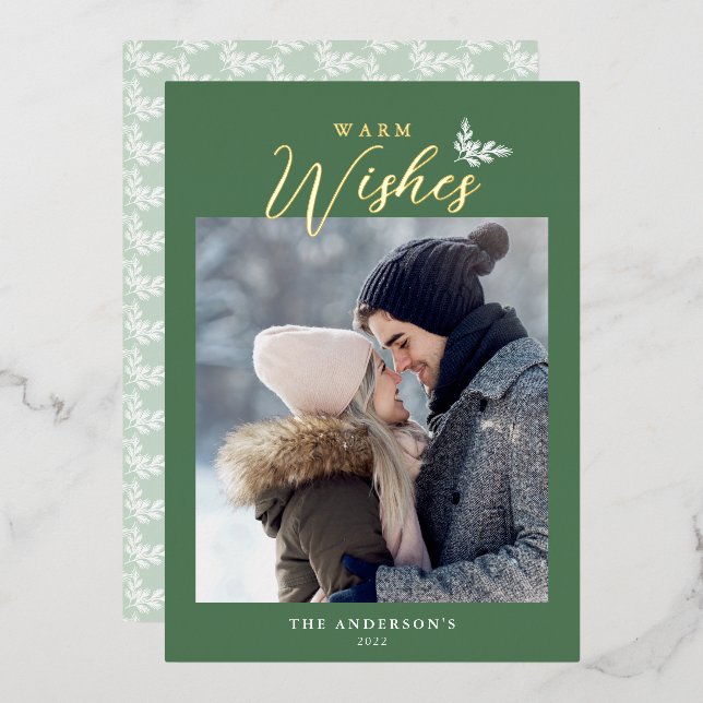 Warm Wishes Modern Calligraphy Photo Green Gold Foil Holiday Card (Front/Back)