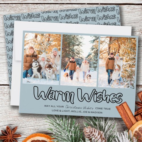 Warm Wishes Outline Lettering 3 Vertical Photo Holiday Card