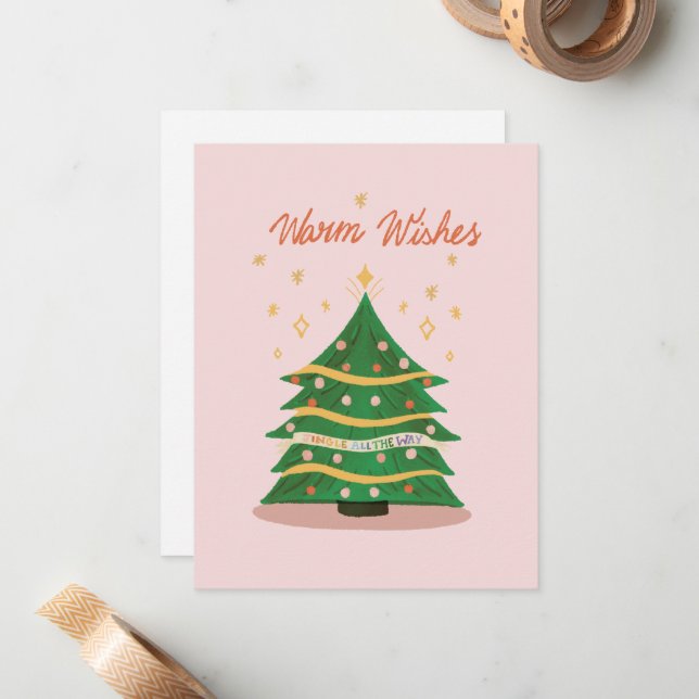 Warm Wishes Pastel Pink Retro Christmas Tree Holid Note Card (Front/Back In Situ)