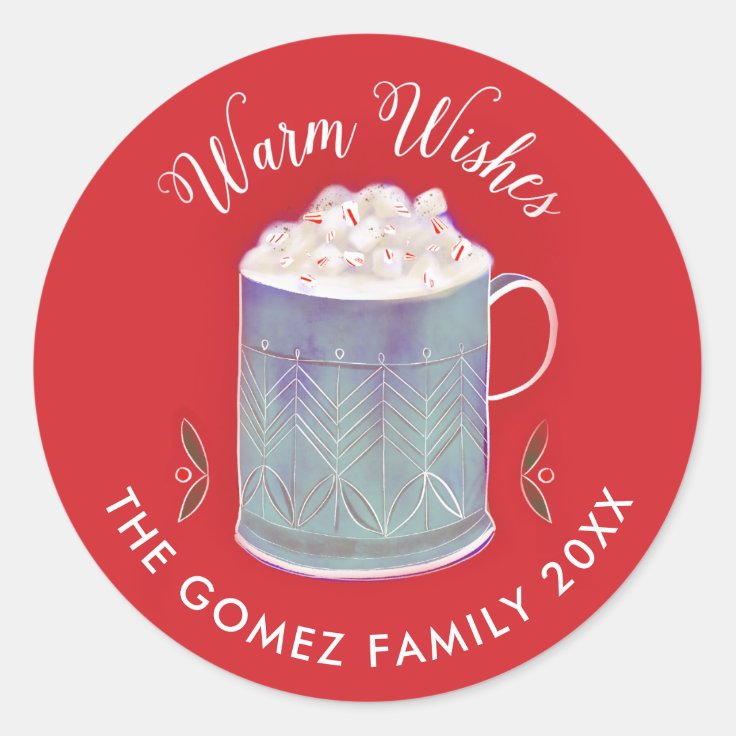 Warm Wishes Peppermint Hot Cocoa Mug Holiday Classic Round Sticker | Zazzle