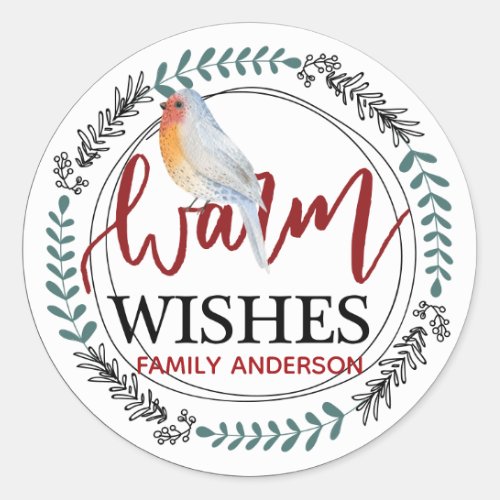 WARM WISHES Personalized Winter  Christmas Robin Classic Round Sticker