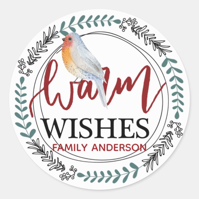 WARM WISHES Personalized Winter / Christmas Robin Classic Round Sticker (Front)