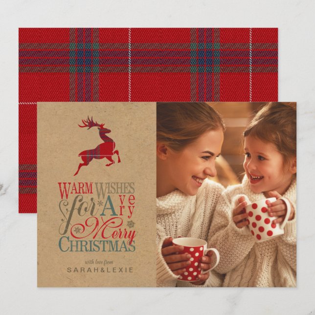Warm Wishes Photo Kraft & Tartan Red ID589 Invitation (Front/Back)
