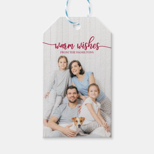 Warm Wishes Red Script Custom Photo Christmas Gift Tags