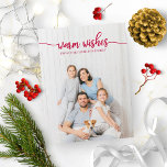 Warm Wishes Red Script Unique Photo Christmas Postcard<br><div class="desc">A simple chic calligraphy Christmas card,  easy to personalized with your photo,  the red text calligraphy is perfect for white horizontal photo.</div>