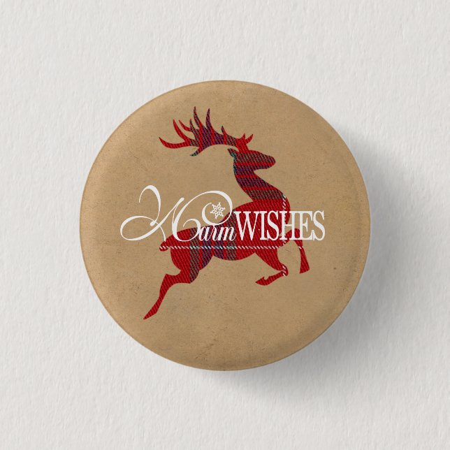 Warm Wishes Reindeer Tartan Red/Kraft ID589 Button (Front)