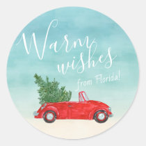 Warm Wishes Retro Vintage Red Car Christmas Tree Classic Round Sticker