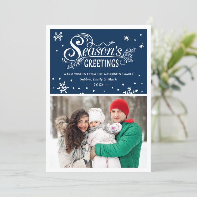 Warm Wishes Season's Greetings Typography Photo Holiday Card (Standing Front)