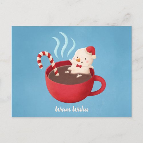 Warm Wishes Snowman in Cocoa Cup Pun Postcard