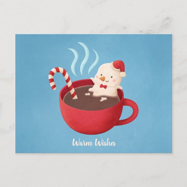 Warm Wishes Snowman in Cocoa Cup Pun Postcard (Front)