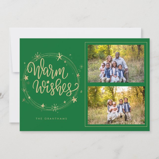 Warm Wishes & Stars Green & Gold 2 Photos Holiday Card (Front)
