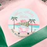 Warm Wishes Tropical Palm Trees & Pink Retro Car Classic Round Sticker<br><div class="desc">The design features our hand-drawn warm tropical scenery with the front view of a chic retro pink watercolor car with luggage cargo & a Christmas tree stacked on top of the car. "Warm Holiday Wishes" is displayed in elegant pink calligraphy. Personalize with optional family signature . All Illustrations/artwork are original...</div>