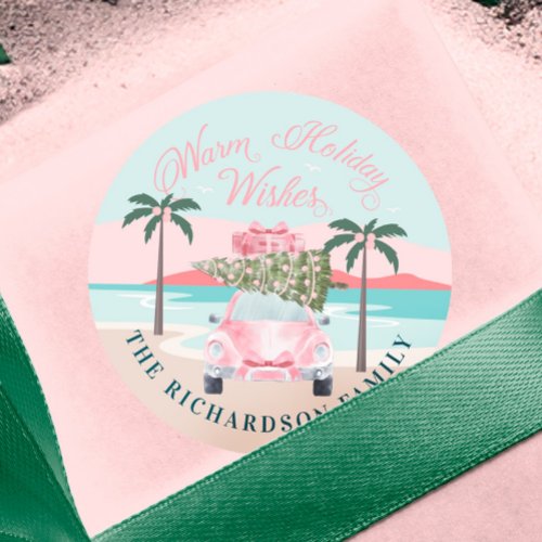 Warm Wishes Tropical Palm Trees  Pink Retro Car Classic Round Sticker