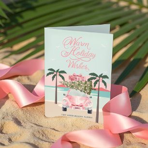 Warm Wishes Tropical Palm Trees & Pink Retro Car Holiday Card