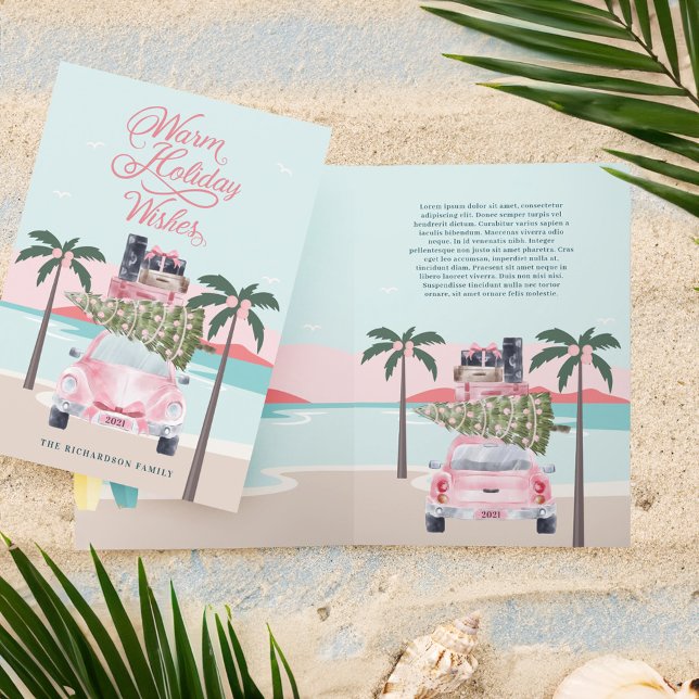 Warm Wishes Tropical Palm Trees & Pink Retro Car Holiday Card (Warm Wishes Tropical Palm Trees & Pink Retro Car Holiday Card)