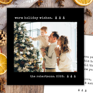 Warm Wishes Typewriter Pine Tree Photo Black Holiday Card