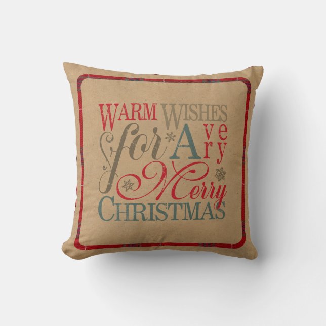 Warm Wishes Typography Kraft & Tartan Red ID589 Throw Pillow (Front)