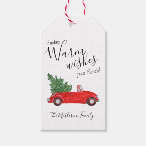 Warm Wishes Vintage Red Car Tropical Christmas Gift Tags