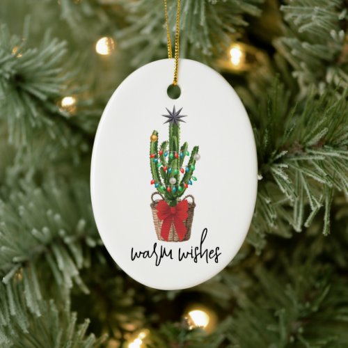 Warm Wishes Watercolor Cactus Houseplant Christmas Ceramic Ornament