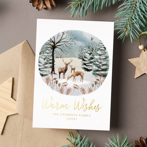 Warm Wishes Woodland Deer Winter Scene Non_Photo Foil Holiday Card