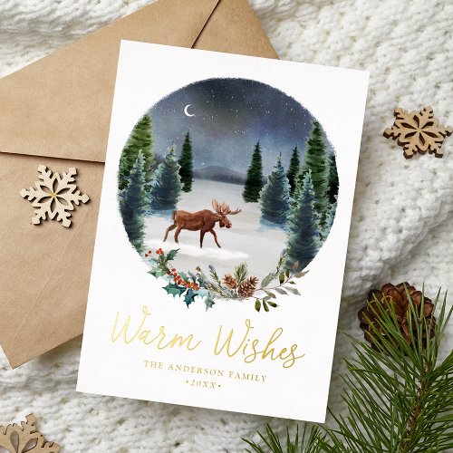 Warm Wishes Woodland Moose Winter Scene Non_Photo Foil Holiday Card