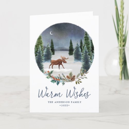 Warm Wishes Woodland Moose Winter Scene Non_Photo Holiday Card