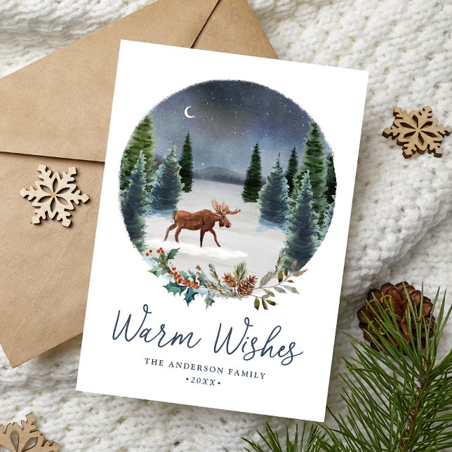 Warm Wishes Woodland Moose Winter Scene Non-Photo Holiday Card (Creator Uploaded)