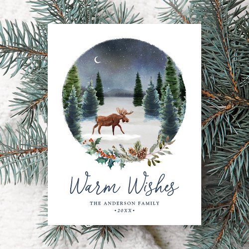 Warm Wishes Woodland Moose Winter Scene Non_Photo Holiday Postcard