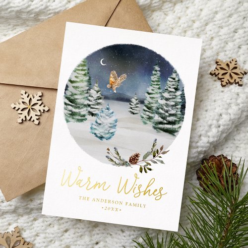 Warm Wishes Woodland Owl Winter Scene Non_Photo Foil Holiday Card