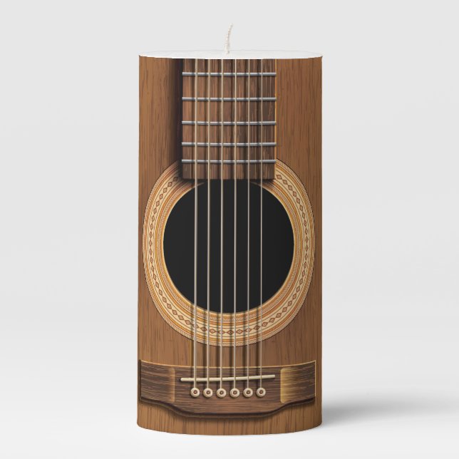 Warm Wood Acoustic Guitar Pillar Candle (Front)