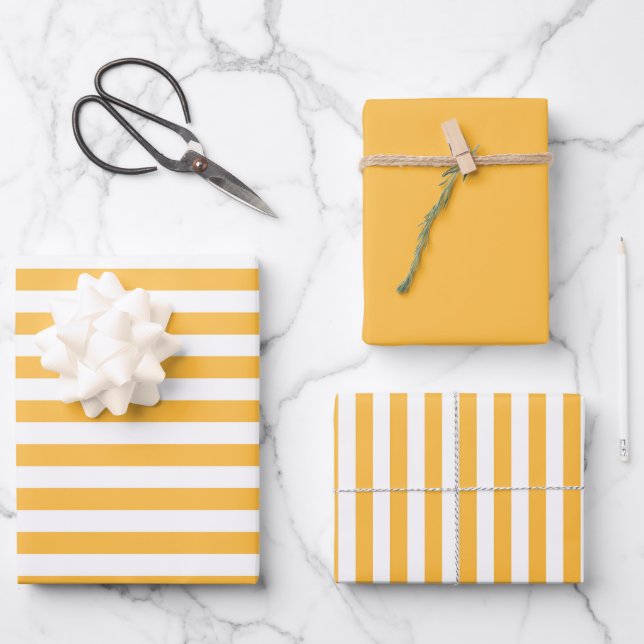 Warm Yellow and White Striped Gifts Wrapping Paper Sheets (Front)