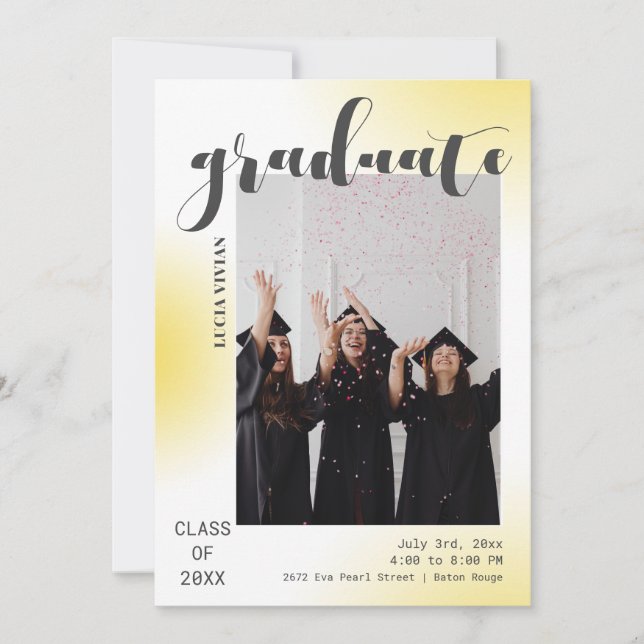 Warm Yellow Gray Line Background Photo Graduation Invitation (Front)