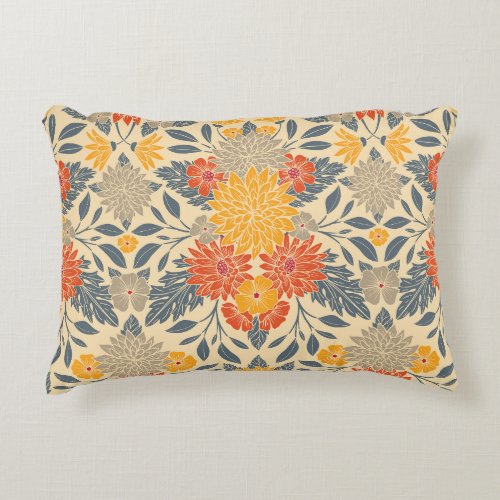 Warm Yellow Orange  Blue Floral Accent Pillow