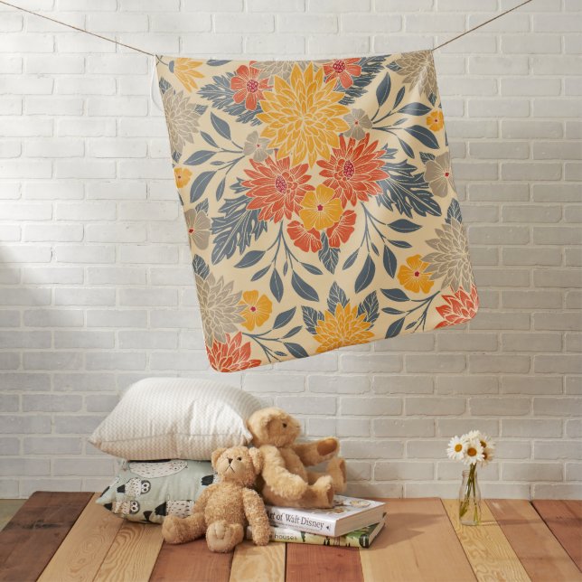 Warm Yellow, Orange & Blue Floral Baby Blanket (In Situ)