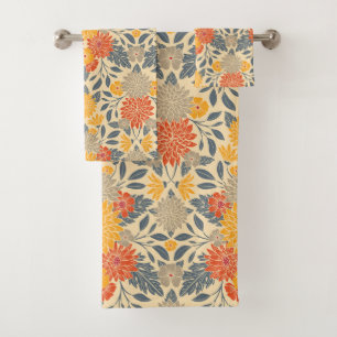 Warm Yellow, Orange & Blue Floral Bath Towel Set