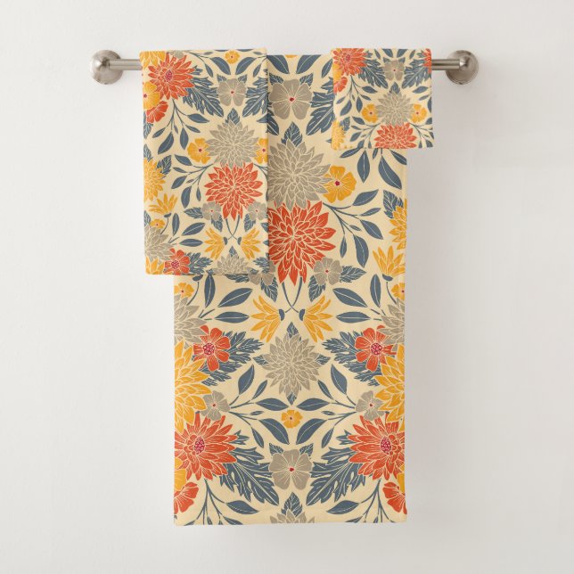 Warm Yellow, Orange & Blue Floral Bath Towel Set (Insitu)