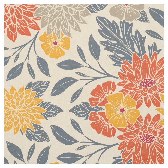 Warm Yellow, Orange & Blue Floral Fabric (Swatch)